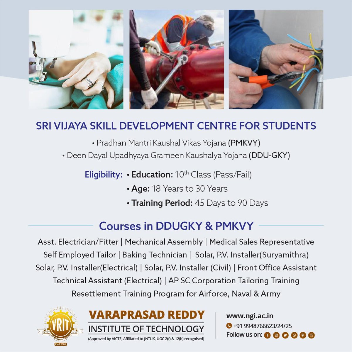 vritcollege's tweet photo. Pradhan Mantri Kaushal Vikas Yojana (PMKVY), a skill development programme for rural youth by sri vijaya skill development centre.
Call us @9948766623
Visit us @https://www.ngi.ac.in/
#VRIT_College #vrit_engineering_college #engineering_college #college https://t.co/CZWXSeh0Jx