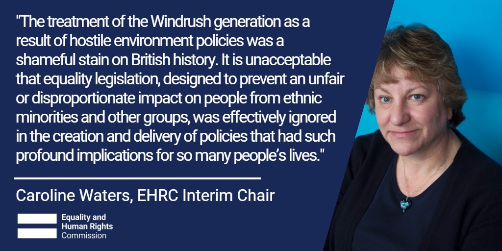 EHRC's tweet photo. The Home Office has committed to enter into an agreement with us, after our assessment found that it failed to comply with the PSED when implementing the ‘hostile environment’ immigration policies. 
 
Find out more: https://t.co/vbmmvBx9CE https://t.co/4tQ42y1OWI