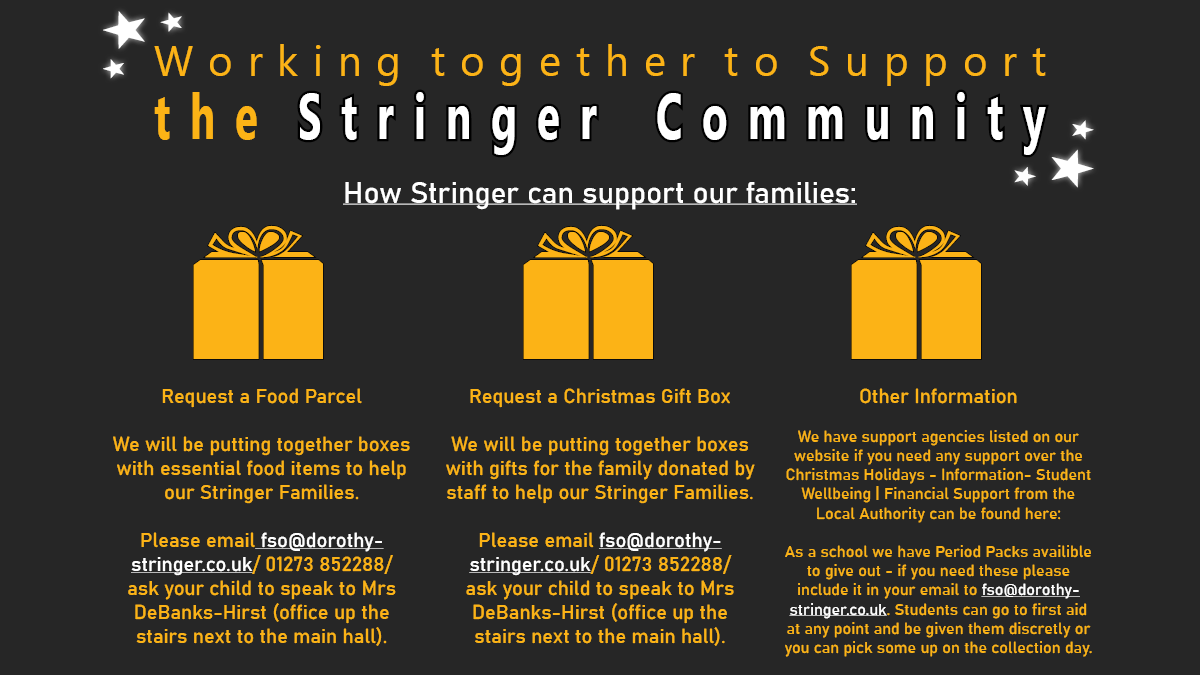 DorothyStringer's tweet photo. To request a Food Parcel and/or a Christmas Gift Box please email fso@dorothy-stringer.co.uk | 01273 852288 | ask your child to speak to Mrs DeBanks-Hirst. Please see our website for more information. https://t.co/qQgJ3IY3Sx