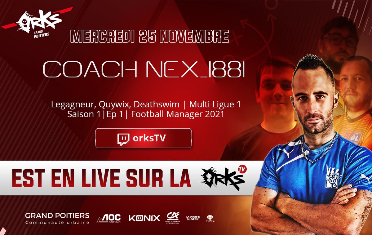 ⚽️[twitch.tv/orkstv]

En exclusivité, ce soir à 20h50 sur la orKsTV retrouvez <a href="/NeX_l88l/">NeX_l88l#FR 🇫🇷</a>, @legagneur, <a href="/quywix/">Quywix</a> et @V_swim qui sont en vocal pour du Multi Ligue 1 sur #FM21 ! 💪

Talent et animation de folie en perspective, donc n'hésitez pas à passer ! 🤩

#WeAreHorde