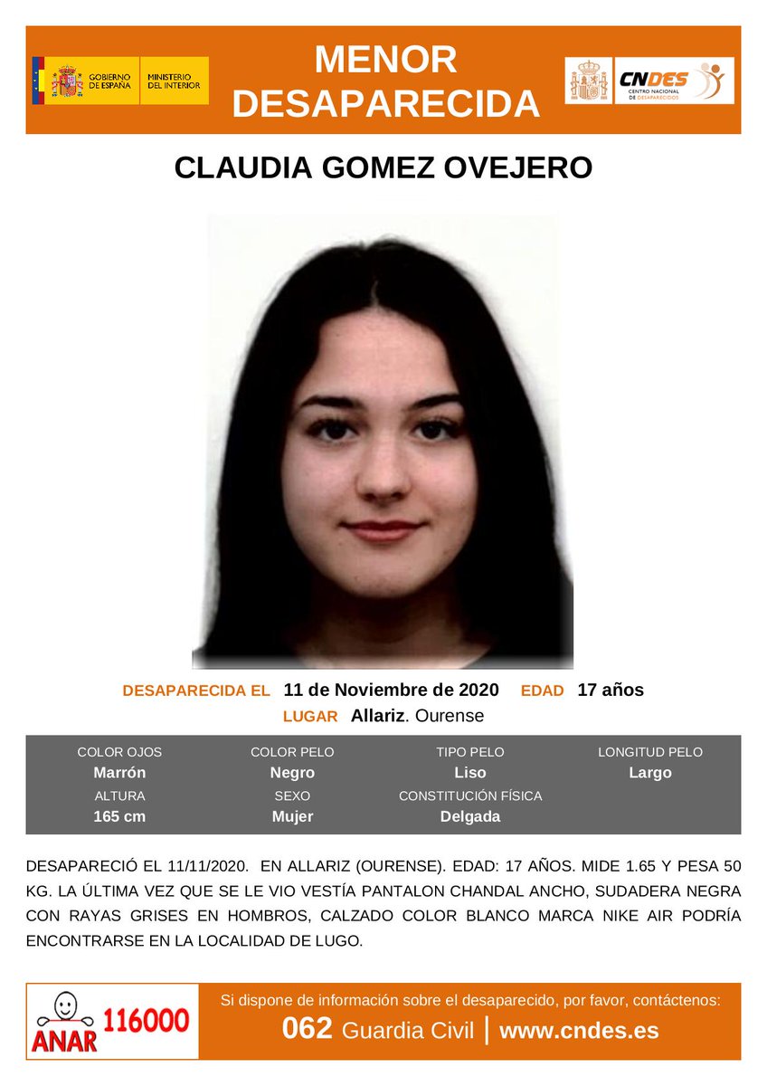 guardiacivil's tweet photo. 🆘#MuyUrgente ⚠️
Esta es Claudia, una #menor que ha #desaparecido en Allariz #Ourense

Si la has visto llama:
☎ 062 
☎ 112 

Tu RT no cuesta nada y puede ayudar mucho https://t.co/JZzQ8yP7Qt