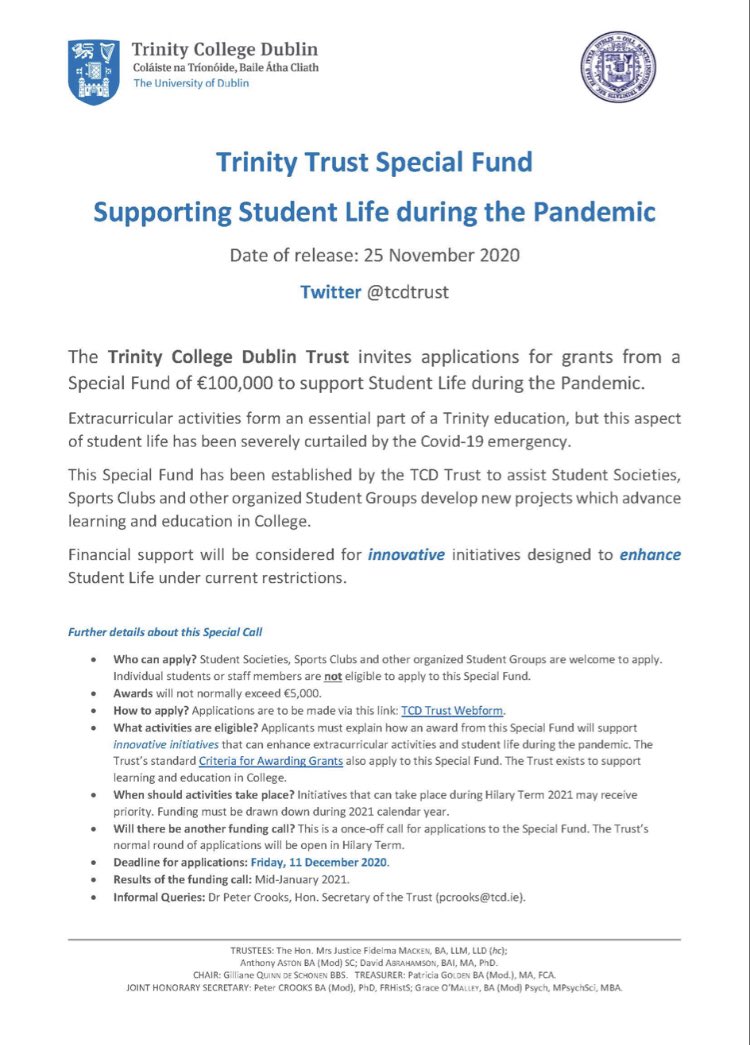 Trinity Association & Trust (@tcdtrust) on Twitter photo Trinity Trust is delighted to announce a Special Fund to support innovative initiatives that enhance Student Life during the pandemic. Deadline: 11 Dec. Apply here: tcd.ie/alumni/communi… @TrinityCSC <a href="/tcdsports/">Trinity Sport</a> Trinity Trust is delighted to announce a Special Fund to support innovative initiatives that enhance Student Life during the pandemic. Deadline: 11 Dec. Apply here: tcd.ie/alumni/communi… @TrinityCSC <a href="/tcdsports/">Trinity Sport</a>