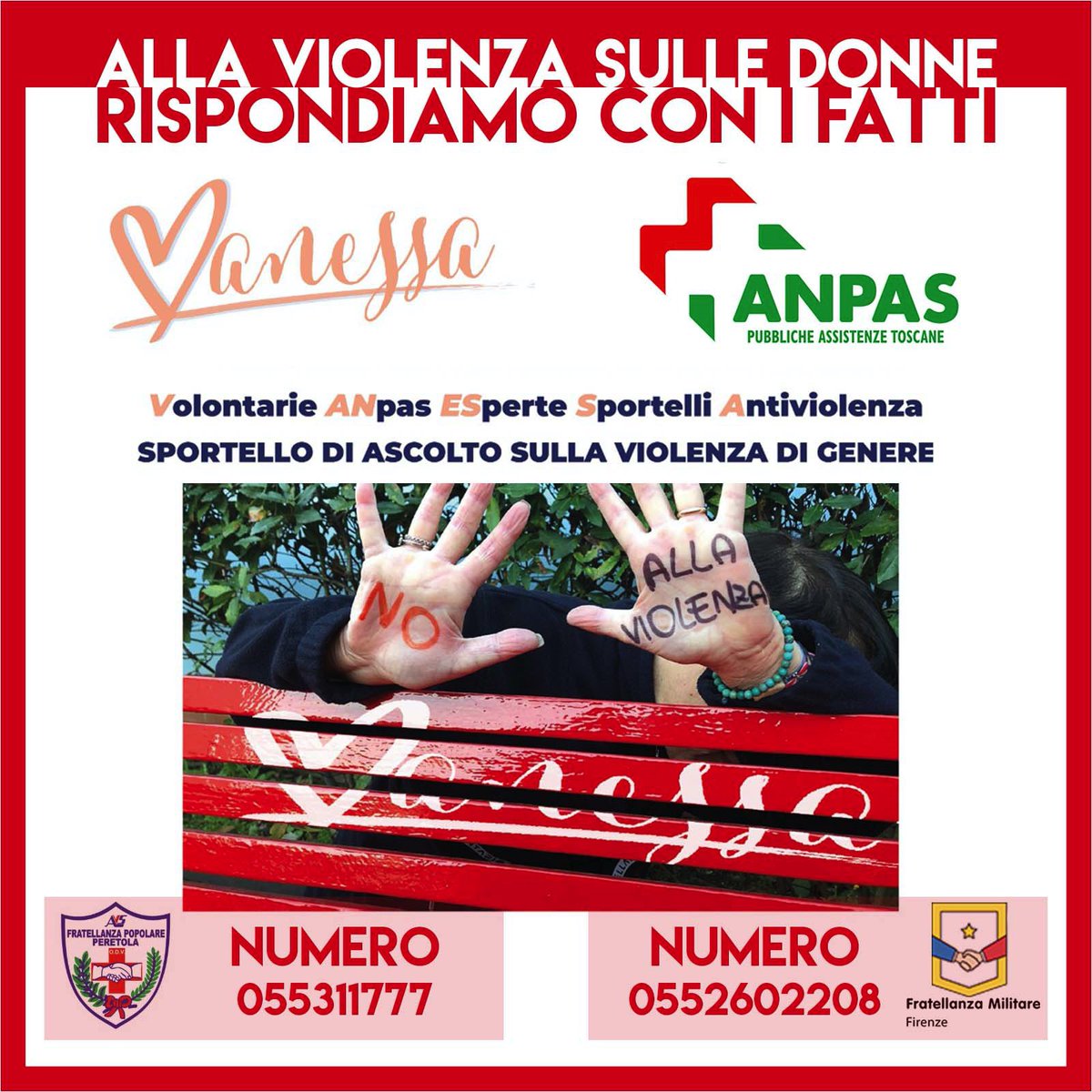 Dal nostro progetto VANESSA (Volontarie ANpas ESperte Sportelli Antiviolenza), un aiuto concreto alle donne vittime di violenza.

Sono due gli sportelli aperti, ma presto ne apriremo altri!

#25novembre #anpastoscana #anpas
