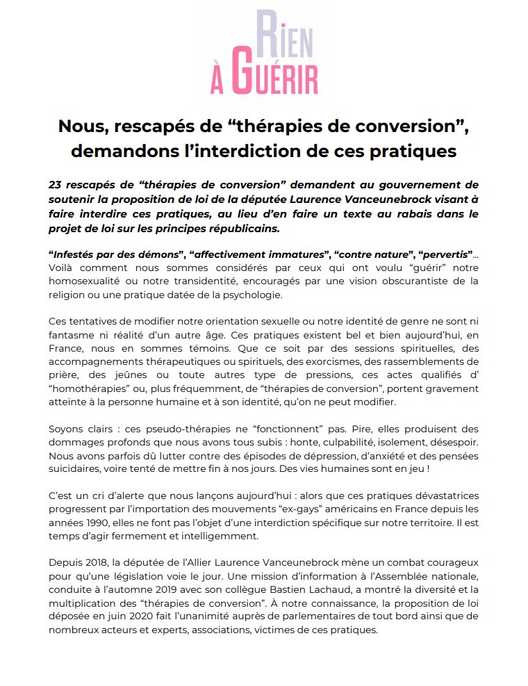 TheSiward's tweet image. Nous, 23 réscapés de #ThérapiesDeConversion du collectif "RIEN À GUÉRIR", exhortons le @gouvernementFR @JeanCASTEX @EmmanuelMacron à soutenir la proposition de loi, seul texte efficace aujourd'hui pour éradiquer ces tortures en 🇫🇷.
📰@lemondefr🖊️
THREAD⤵️