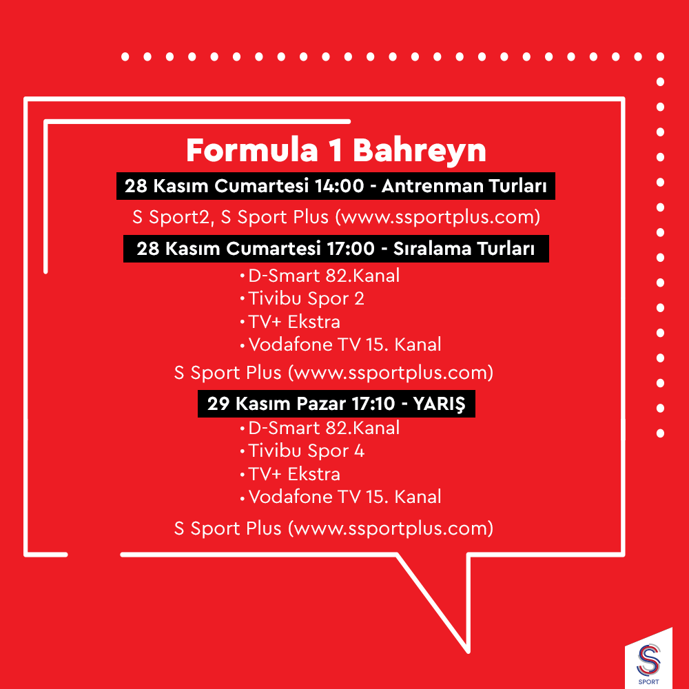 🚨SON DAKİKA! Formula 1'in ülkemizdeki yayıncısı S Sport, 2020 Bahreyn GP hafta sonu yayınlarının futbol maçları ile denk gelmesi nedeniyle seansların hangi kanalda yayınlanacağını duyurdu!⬇️

🇧🇭#BahrainGP