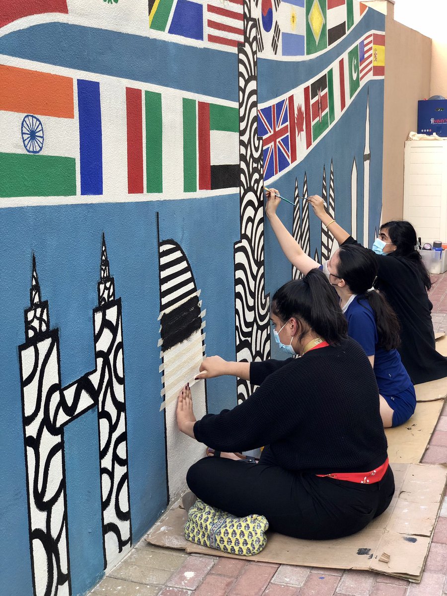 JESSDubai's tweet photo. Using their skills to decorate walls. @JESSSixthForm have been busy creating this Dubai meets the World wall and we are loving it! #JESSArt #JESScreates https://t.co/XxLTZJ7g0g