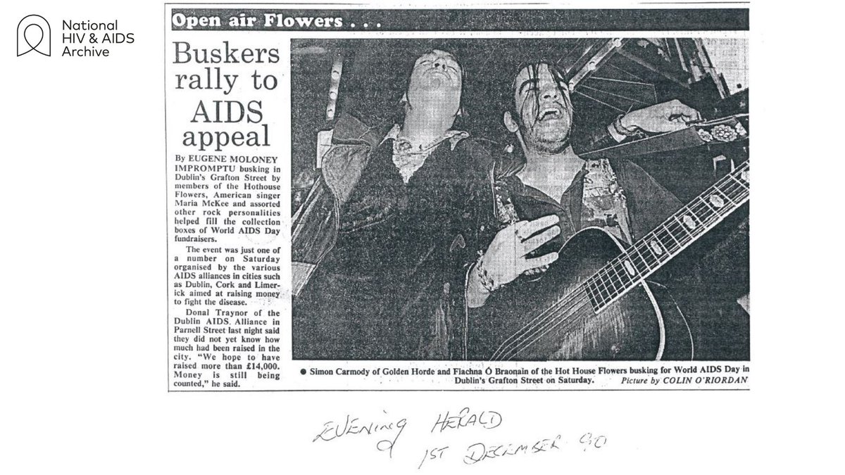 10/ Fiachna O Braonain of the Hot House Flowers and Simon Carmody of Golden Horde were pictured (Evening Herald) busking on Dublin’s Grafton Street for  #WorldAIDSDay1990, helping to raise funds for the  #DublinAIDSAlliance.