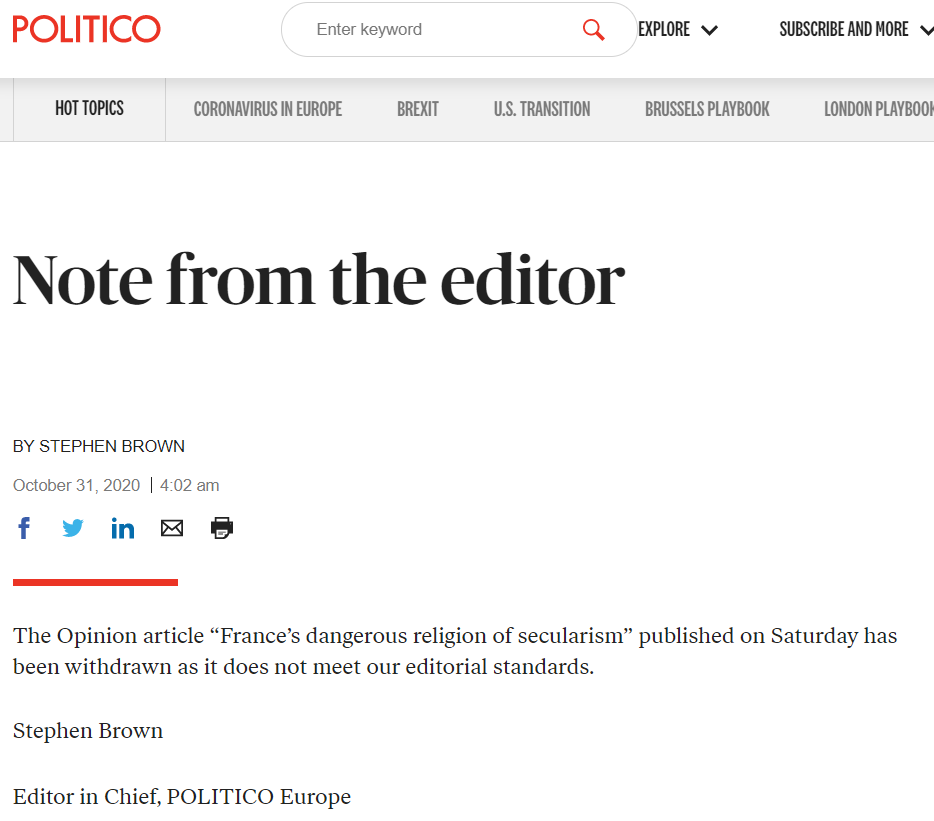 recently politico removed a piece by a prominent french sociologist bc he called out macron's rabid islamophobia. now the same professional media class hacks who cheered the decision to censor that are crying for jordan peterson and going all "OMG WESTERN CIVILIZATION IS ENDING"