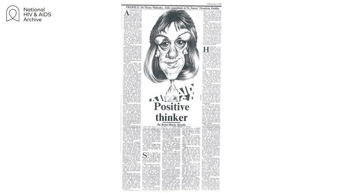 11/ A profile of “Dr Fiona Mulcahy, Aids consultant at St James’ Hospital, Dublin” featured in the Irish Times on 2nd December 1990. Professor Mulcahy was appointed Ireland’s first consultant specialising in  #AIDS  @stjamesdublin in 1987.
