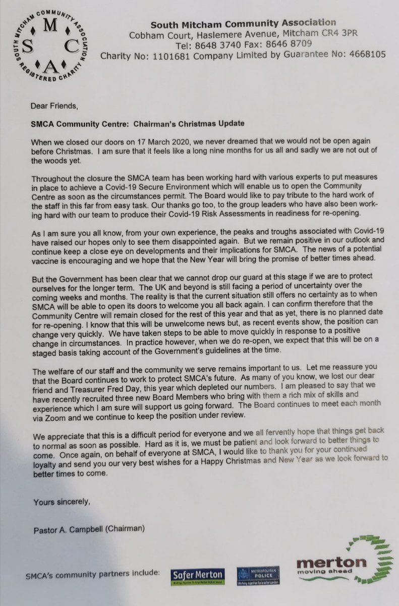 An update letter from the Chairman of SMCA.