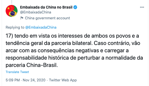 Rconstantino's tweet photo. A DITADURA COMUNISTA agora faz ameaças na cara dura mesmo, nem mais veladas são. Trata o Brasil como extensão do seu território, e nossos deputados como súditos do regime, como escravos. Não pode mais fazer críticas. É por "pragmatismo", gente... https://t.co/yQjHmw3Kxb