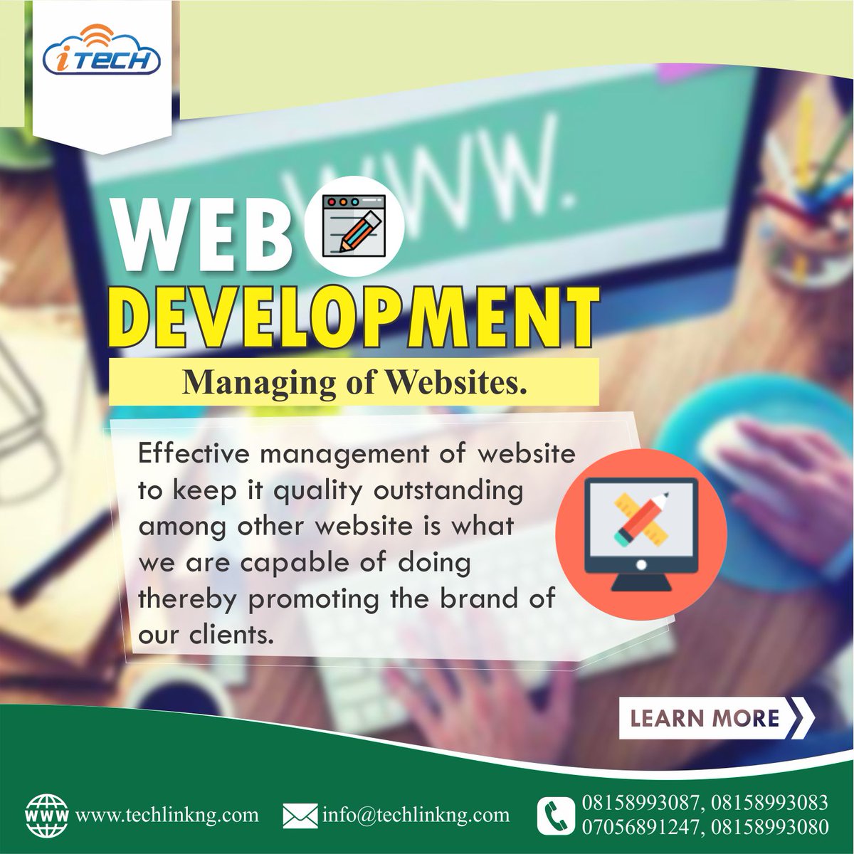 TechLink5's tweet image. WEB DEVELOPMENT.
Effective Managing of Websites to keep its quality standing among others.
Visit: techlinkng.com
to learn more.
#website #websitedesign #webdevelopment #websitemanagement