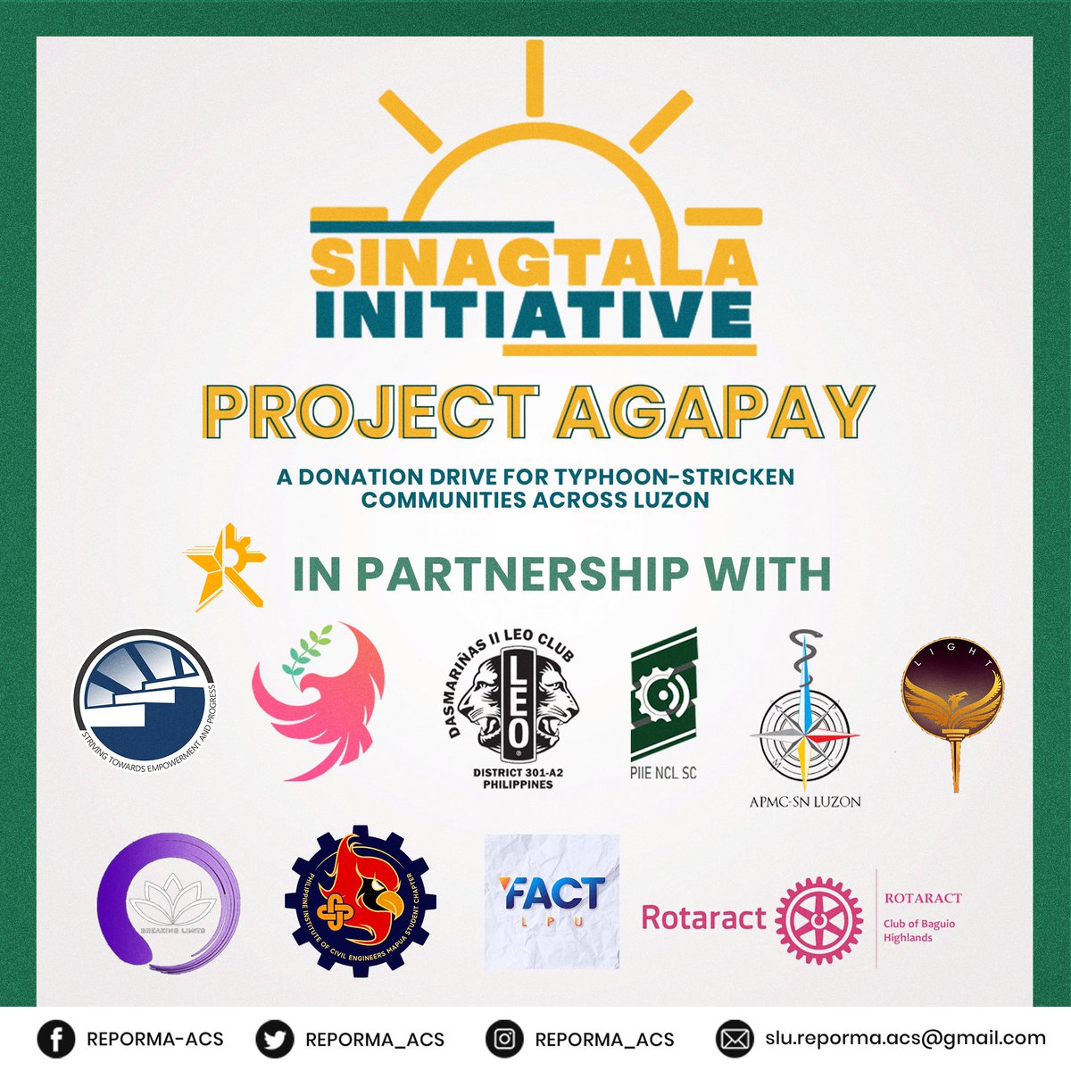 REPORMA_ACS's tweet photo. #ProjectAgapay is in partnership with:
Don Bosco Tarlac
DBTI Tarlac Batch 2015
Drip Lane PH
LNU FQDMF Medicine Student Council https://t.co/xi3UV289KU