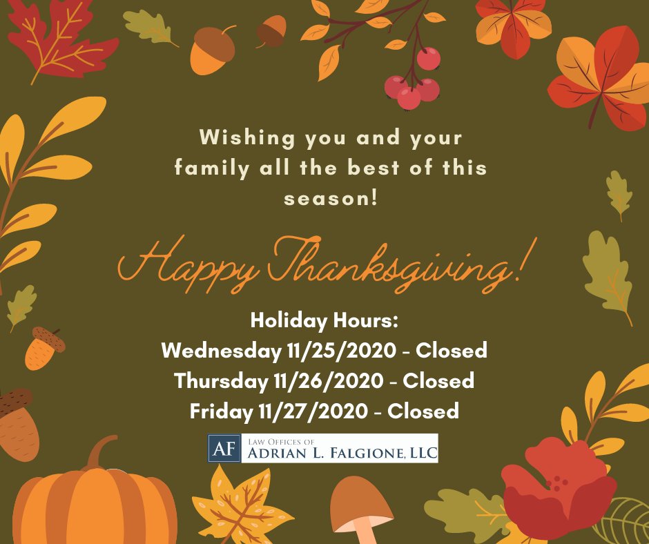 AFalgioneLaw's tweet photo. We hope you and your family have a safe and wonderful holiday weekend!  See you Monday! #AFalgioneLaw #TDay #HappyThanksgiving https://t.co/syMhoiIKhq