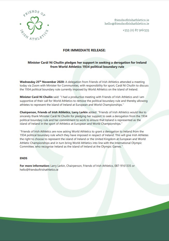 Minister <a href="/CaralNiChuilin/">🇮🇪🇵🇸🏳️‍⚧️CarálNíChuilín, Is Deontóir Mé ✊</a> pledges her support in seeking a derogation for Ireland from <a href="/WorldAthletics/">World Athletics</a> 1934 political boundary rule <a href="/MichealMartinTD/">Micheál Martin</a> <a href="/sebcoe/">Seb Coe</a> <a href="/cathmartingreen/">Catherine Martin</a> @ImeldaMunster @SportNINet <a href="/BritAthletics/">British Athletics</a> <a href="/irishathletics/">Athletics Ireland</a> <a href="/sportireland/">Sport Ireland</a> <a href="/hamishadams123/">Hamish Adams</a> <a href="/johntreacy84/"></a>