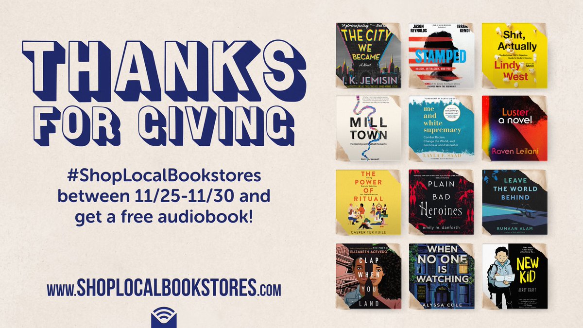 Graphic reading "Thanks for Giving" and featuring a collage of the audiobooks, including When No One Is Watching, New Kid, Shit Actually, and more
