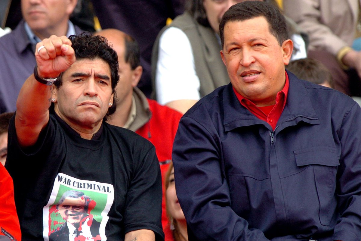 Diego Maradona also joined revolutionary Venezuelan President Hugo Chávez in protesting US imperialism, wearing a t-shirt of George W. Bush covered in blood and reading "war criminal"