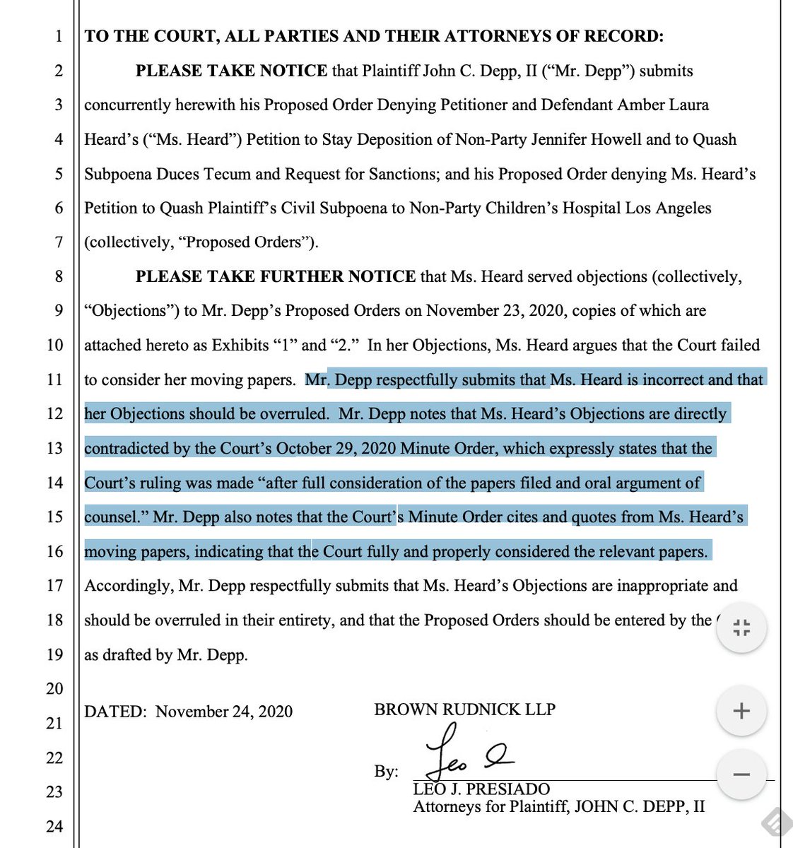 LauraBockov's tweet image. Update: Johnny Depp vs Amber Heard (California)
Amber is opposing the recent order regarding CHLA &amp;amp; Howell claiming the judge didn&apos;t read ALL of their documents. However, Depp team shows the Judge actually quoted from her docs. IMO Her attempt to delay enforcement of Subpoeans
