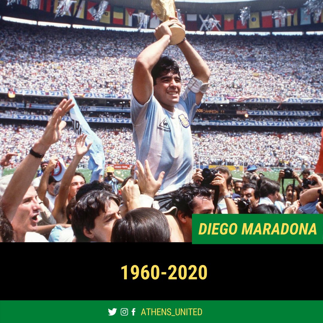 athens_united's tweet photo. Farewell to one of the greatest to play the beautiful game. The football community mourns a great loss today. RIP, Diego. 💚🖤💛 https://t.co/TF1auViu0O