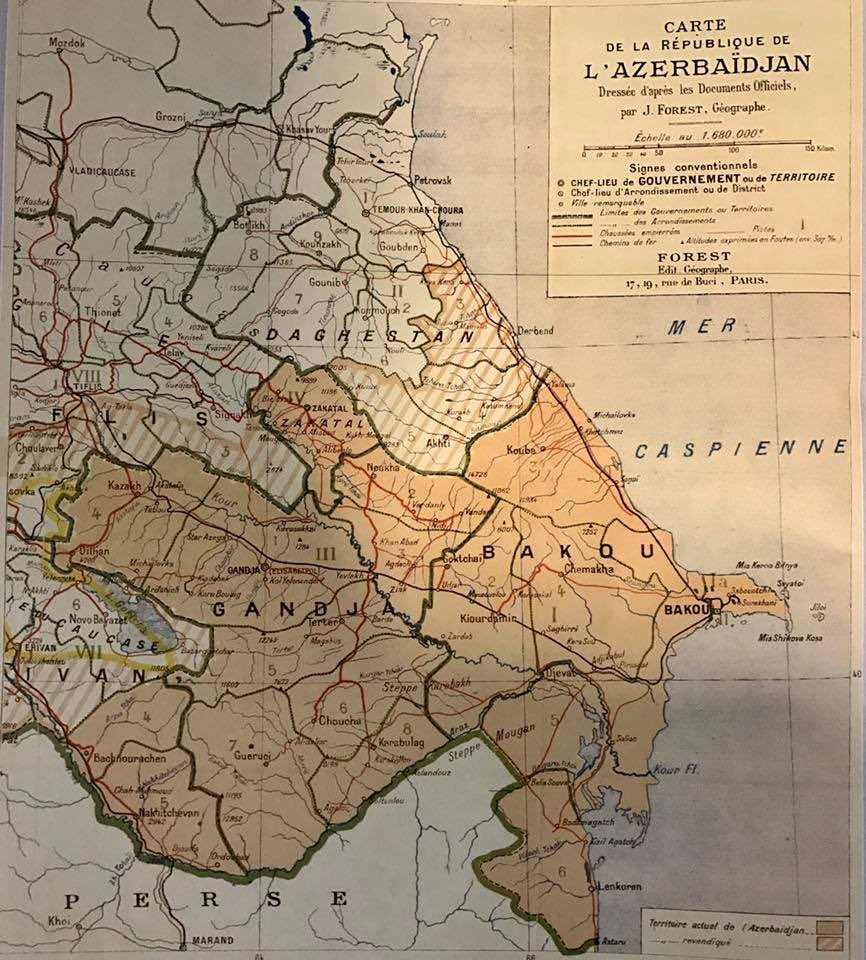 Map of the Azerbaijan Democratic Republic (1918-1920) by French cartographer Joseph Forest 
#KarabakhisAzerbaijan #DontBelieveArmenia