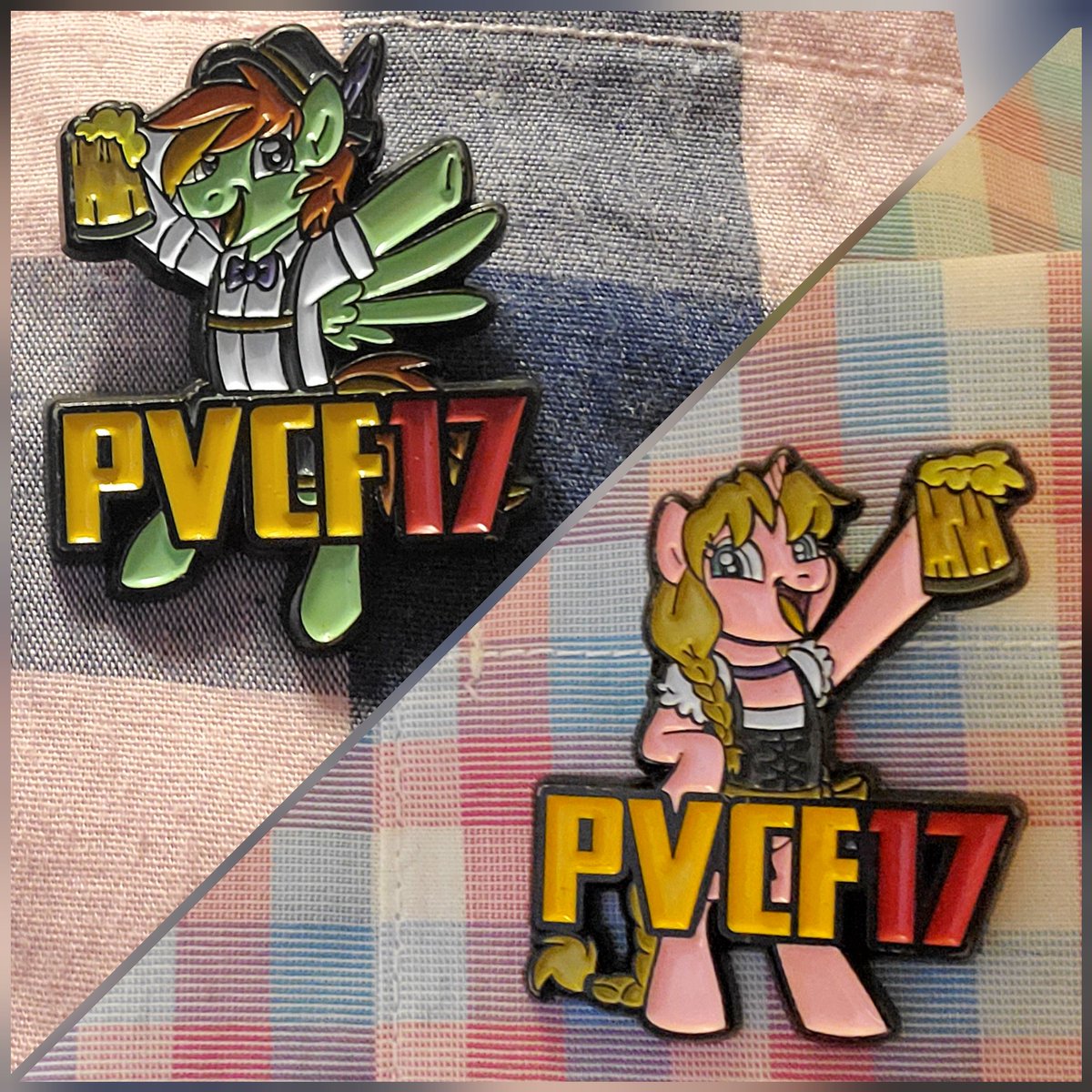 TekCharlie's tweet photo. I haven't posted any #ThisWeekInPins pics in a while, but I've worn my entire PVCF collection recently and thought I'd show them off. This is every official (& 1 unofficial) pin made through 2019.
'15: Barb
'16 -17: @Sciggles
'18-19: @SweetCreamArts, except "Cheers!" by @Ruefers https://t.co/QHu3KopiLj