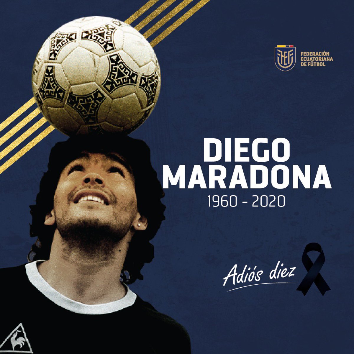 FEFecuador's tweet photo. Un genio único e irrepetible del fútbol mundial se ha ido.

Nos quedamos con lo mejor de su talento y carisma. Gracias por tantas alegrías. 

¡Hasta siempre Diego Armando #Maradona! https://t.co/lB2dikwUyq