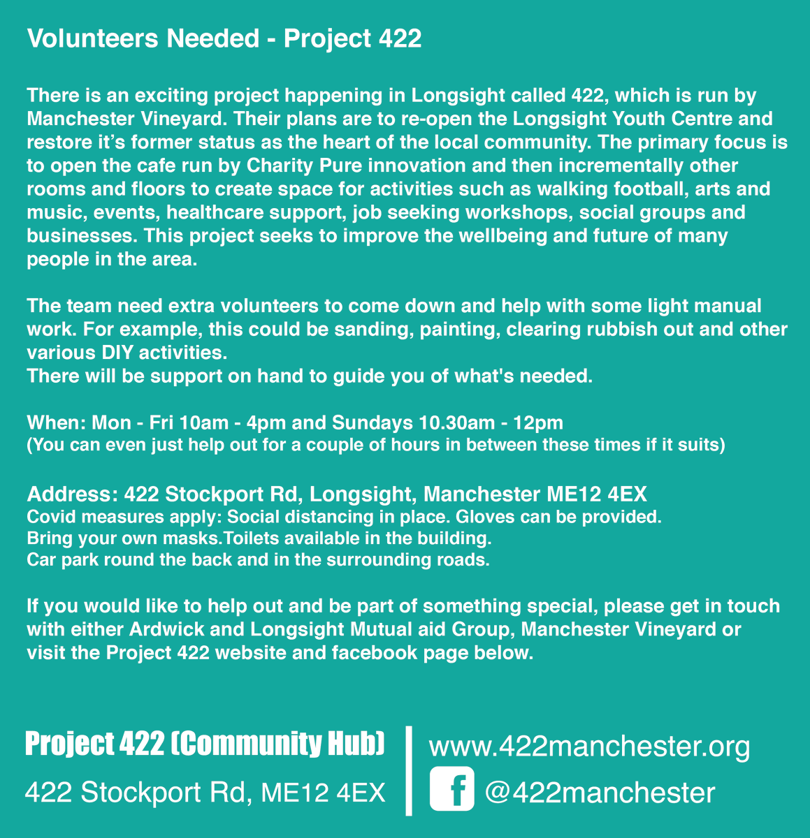 ⭐️DIY Volunteers needed⭐️ @ManchesterVnyrd Project 422. Exciting project in Longsight transforming an old Victorian Building into a new Community Hub. Would you like to get involved and be part of something special? Please see below and visit 422manchester.org for more info