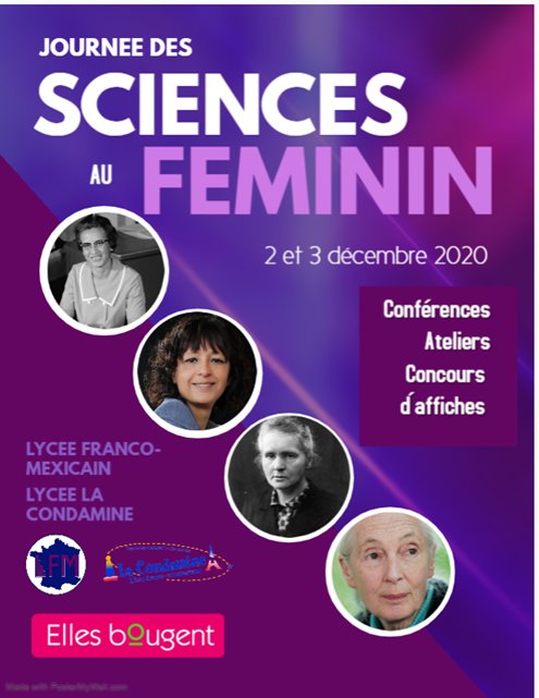 LiceoFrancoMx's tweet photo. -Journee des Sciences du Feminin-
➡️ 2 et 3 decembre 2020
Conferences, ateliers, councours d'affiches. https://t.co/JxYwBhVthX