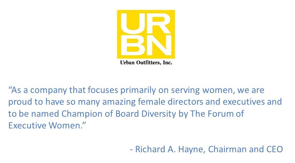 FOEWPHL's tweet photo. Congratulations to @UrbanOutfitters, a 2020 Champion of Board Diversity, for having 30% women on their board as identified in our "Women in Leadership 2020” report. Learn the importance of creating a diverse boardroom: https://t.co/Z1tuOOD7JS.
#WomenOnBoards #WomenLeaders #FOEW https://t.co/be6lPm1M3m