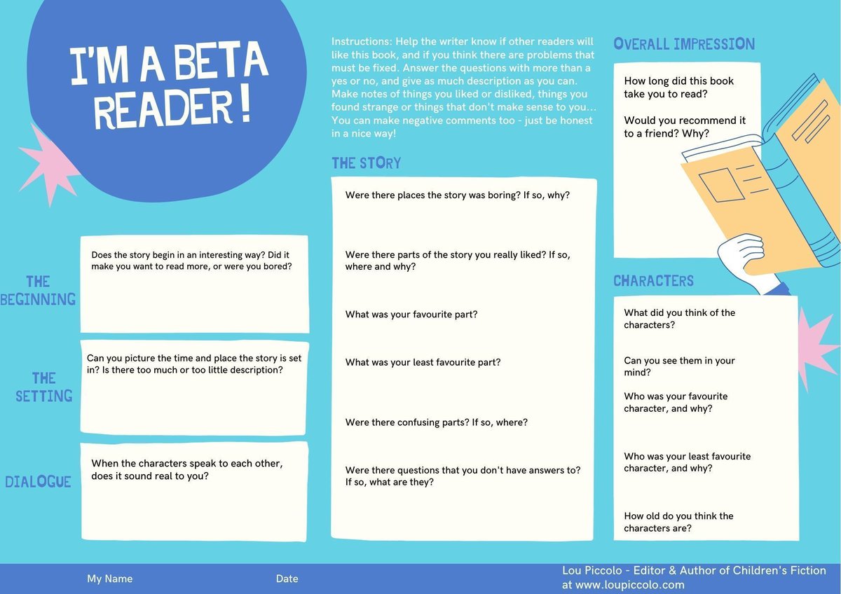 LouPiccoloEdits's tweet image. Why get adults to #betaread your #kidlit for you? Isn't it better to get feedback from kids? Here's a PDF questionnaire for kid beta readers I normally give to my writers, but today I'm sharing the magic! You can print it at buff.ly/2Kuvm2D
#childrensbooks #MG #amwriting