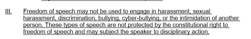 16/ First we have this lovely paragraph. Surely some of those things are not constitutionally protected. But there is no "bullying/cyber-bullying" exception to the First Amendment, and if the speech is being made as a private citizen, discriminatory speech is certainly protected.