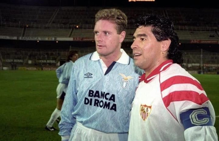Gazza: I was playing against Maradona in Seville and stopped off at Disneyland Paris for a 3 day bender on the way. As we lined up in the tunnel I told him I was smashed. 

“Don’t worry Gazza, so am I” replied Diego. RIP Diego Maradona. 💔
