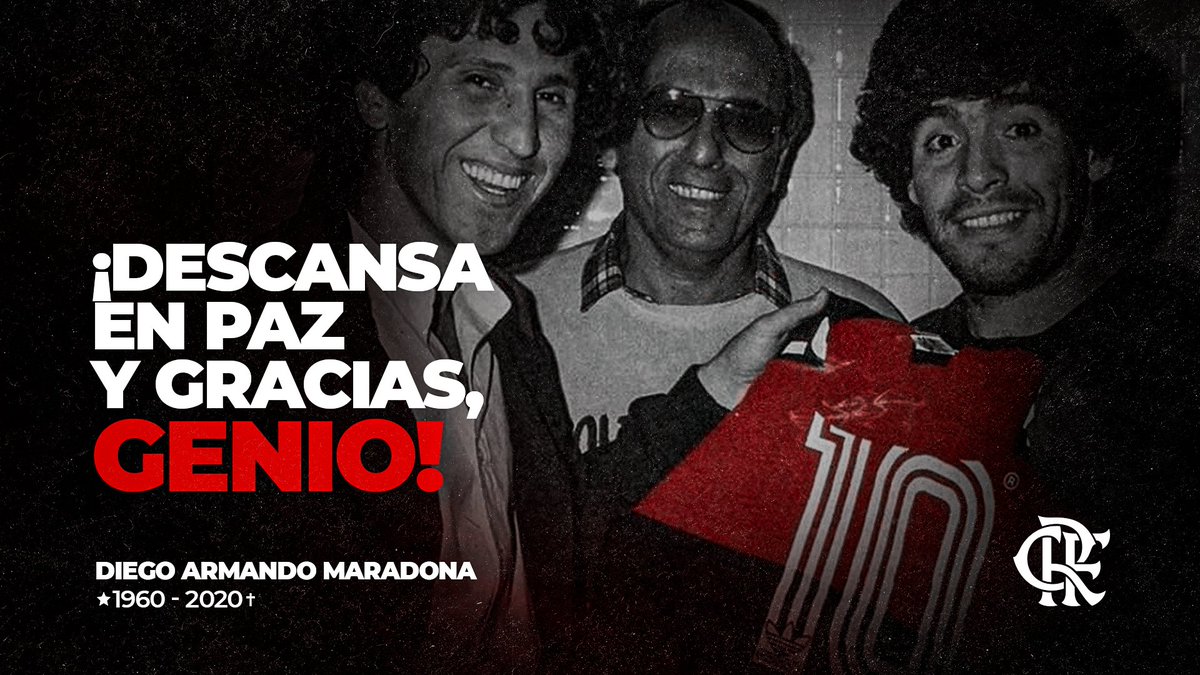Flamengo_es's tweet photo. Diego Armando Maradona, uno de los grandes genios del fútbol mundial, nos dejó hoy a los 60 años. El Club de Regatas de Flamengo lamenta profundamente esta pérdida y desea a todos sus familiares y amigos mucha fuerza en este momento de conmoción e inmensa tristeza. https://t.co/0KMLDQKjci