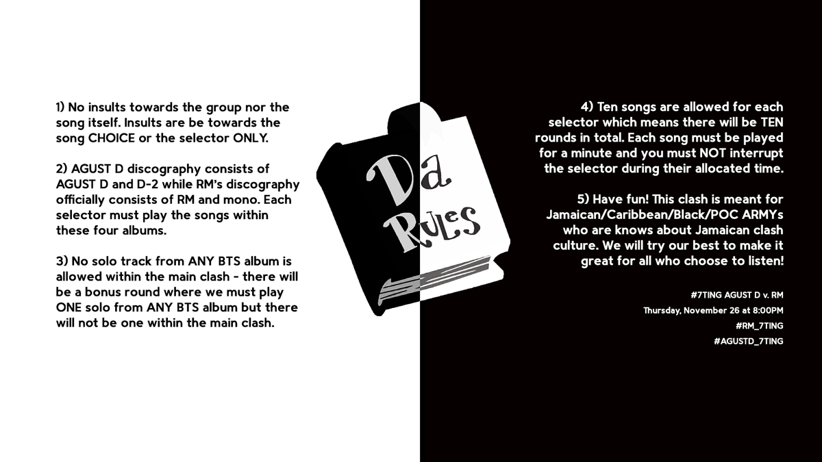 876_BTS's tweet photo. ⚔ • In celebration of Jamaican ARMYs charting #BTS_BE to #2 on Apple Music AND the GRAMMY NOMINATION of #BTS_Dynamite, we'll be hosting a #7TING (STING)!
The clash will be between AGUST D and RM! Here are the rules for the event!
The stream starts TOMORROW at 8PM! https://t.co/14i0sItwp4