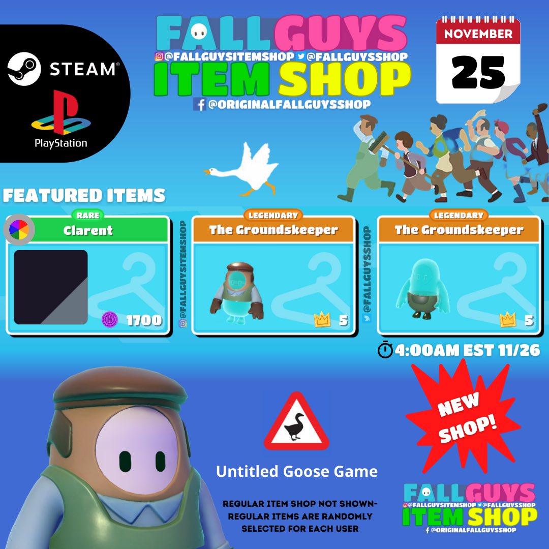 Fall Guys Item Shop on X: 👑 11/25 Fall Guys Item Shop #ps4/#steam The  Groundskeeper costume from Untitled Goose Game is here! #ps4 #steam  #fallguys #fallguyscommunity #fallguysgame #fallguysitemshop  #fallguysultimateknockout #gaming #gamer #videogames #