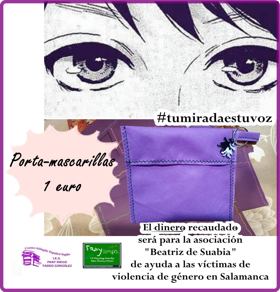ampafraydiego's tweet photo. Y... ¿Tienes ya tu portamascarillas? Recuerda q lo recaudado irá para la asociación Beatriz de Suabia q ayuda a mujeres víctimas de violencia de género en Salamanca. Cuestan 1 euro y se pueden adquirir en conserjería. https://t.co/AaLFlemP0q