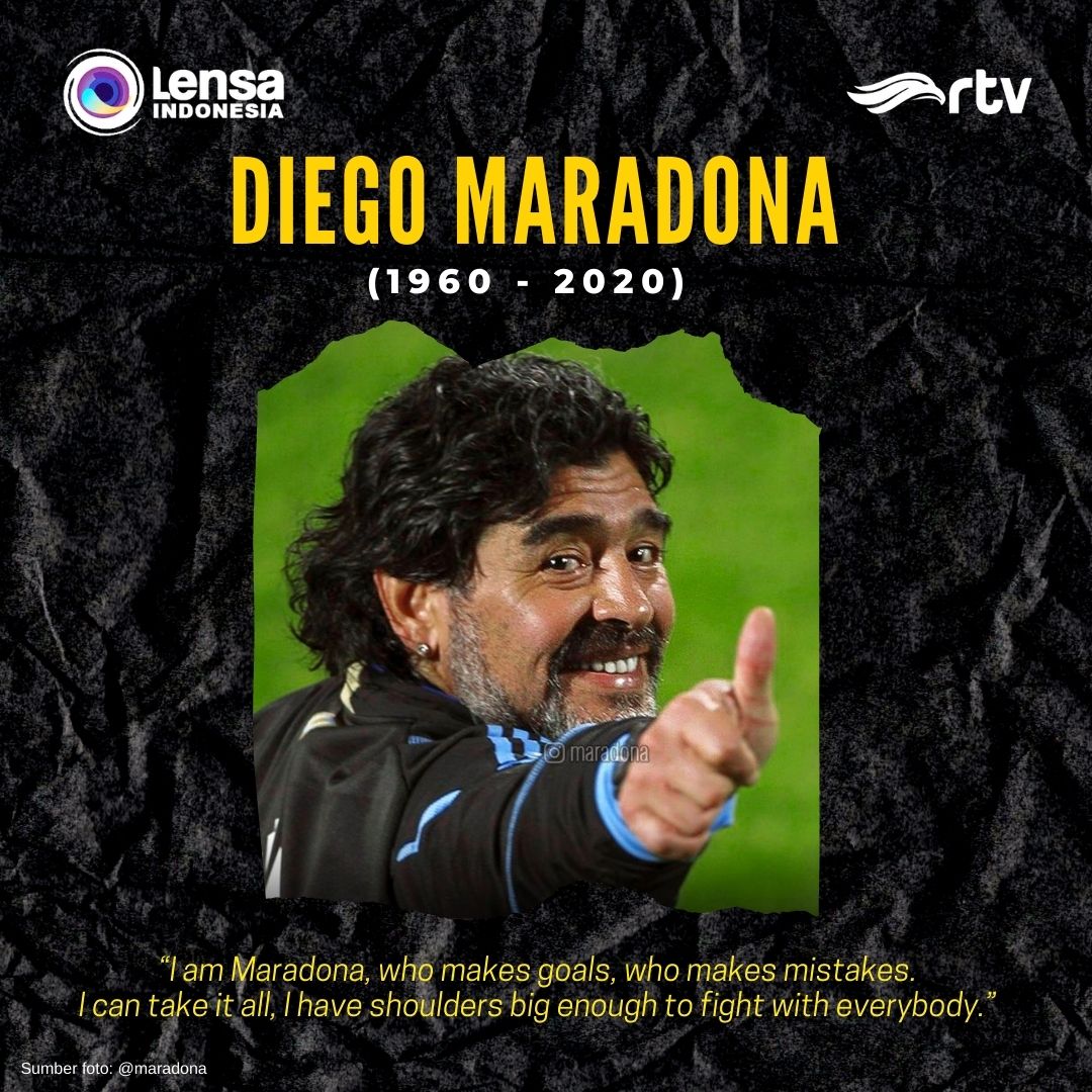 lensaRTV's tweet photo. Legenda sepak bola dari Argentina, Diego Maradona, dikabarkan meninggal dunia pada Rabu (25/11) malam WIB. Sepanjang hidupnya, ia telah membawa Argentina menjuarai Piala Dunia 1986 lewat gol 'tangan Tuhan'-nya yang fenomenal. 

#diegomaradona #maradona #rip #riplegend https://t.co/Sd9uQNs26I