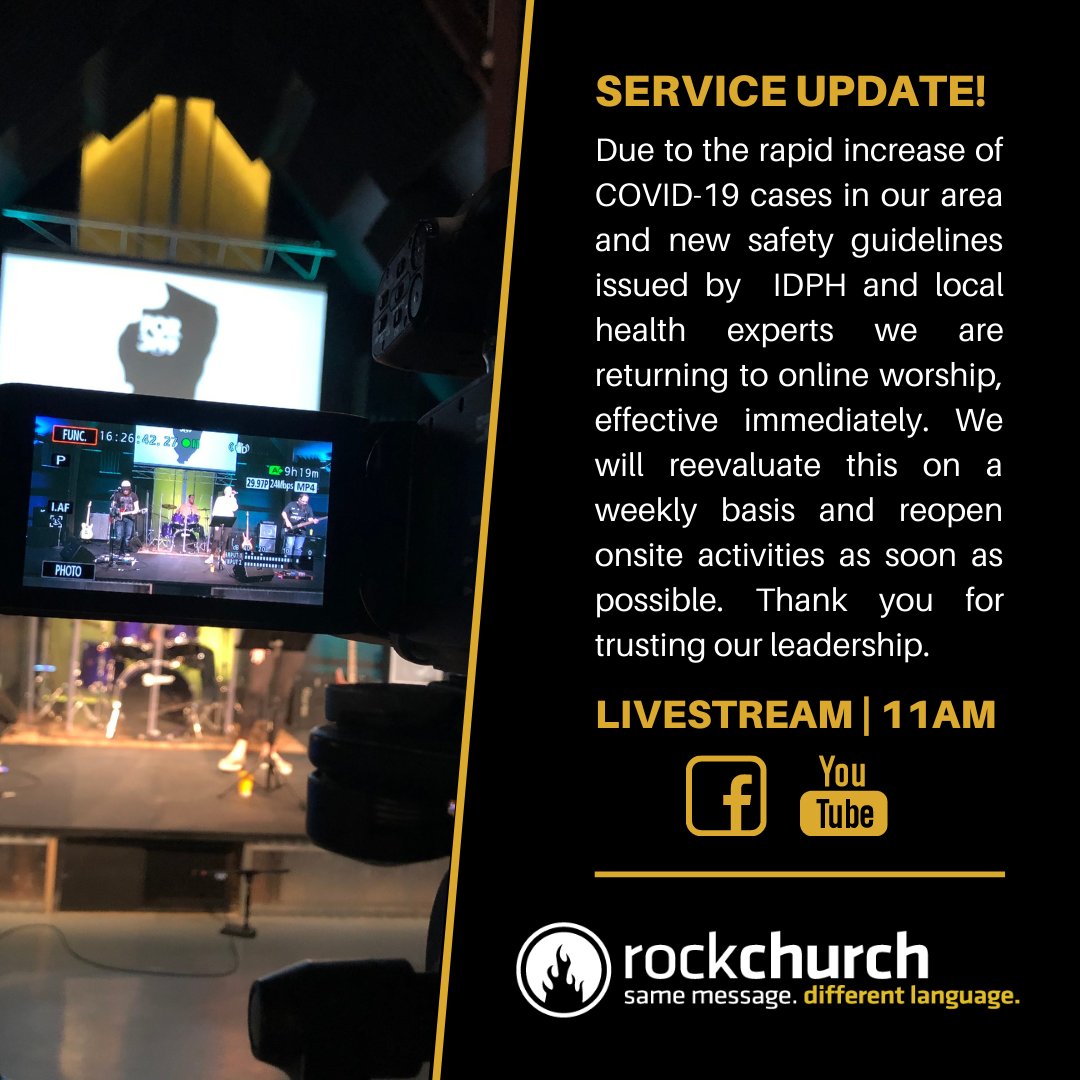 RockChurch's tweet photo. We are temporarily returning to online services only. Your safety is of upmost importance. Please help us spread the word. Thank you! #ForThe309 

*Sunday Livestream @ 11AM via Facebook &amp; YouTube https://t.co/P3aNbIrwLw