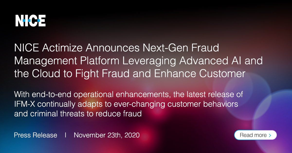 windsortanner's tweet photo. @NICE_Actimize has announced the latest version of its IFM-X platform that delivers one of the industry’s most advanced detection capabilities powered by AI and machine learning.

Learn more >>
https://t.co/bGFTGausyx

#IFMX #fraud #frauddetection #AI #machinelearning https://t.co/YzBIk7gnlM