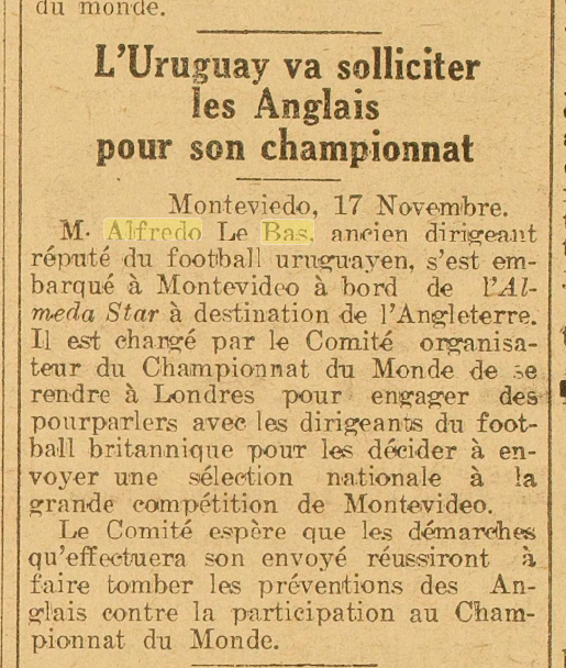 1930WorldCup's tweet photo. November 11, 1929 Paris-Midi Sport reported Alfredo Le Bas, was sent to England as a delegate of the Executive Committee of the Football World Cup to convince the FA to come to the inaugural @1930WorldCup. Read more in the article below from @historiafc1 

https://t.co/GT3eTzJGfV https://t.co/1XExVEhMtP