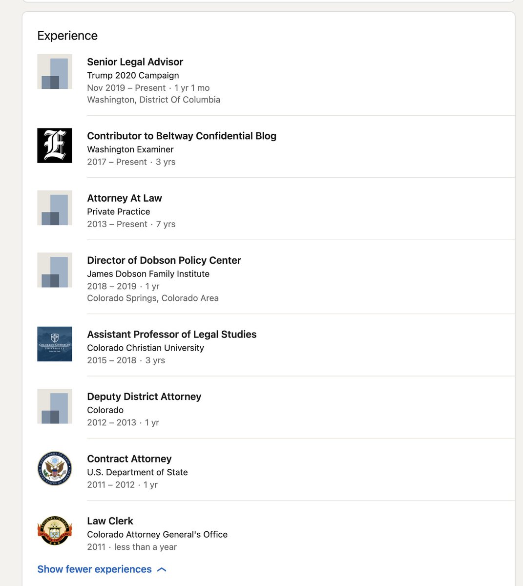This is  @JennaEllisEsq's job history on linkedin. can anyone spot an actual job? Note Colorado Christian University does not appear to have a law school and "Colorado" does not appear to have Deputy District Attorneys.