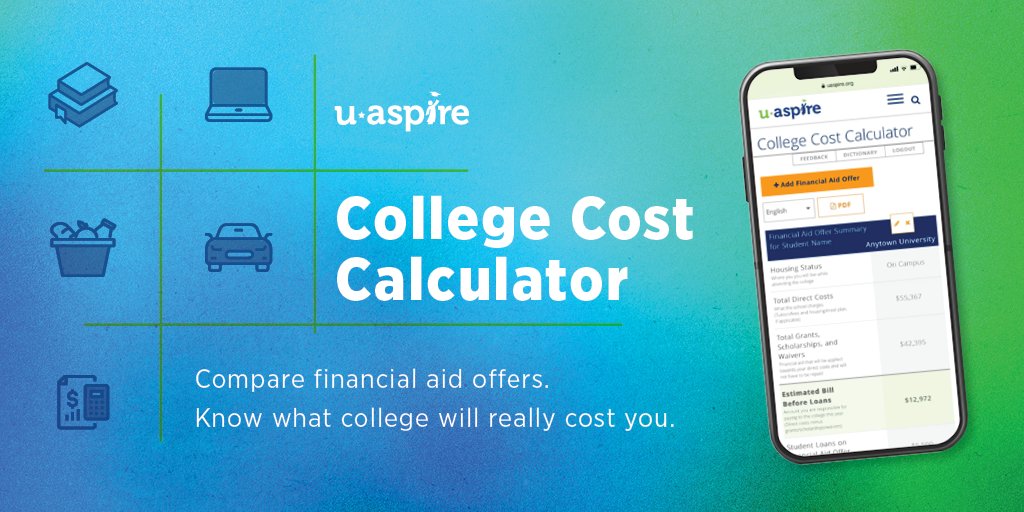 NCANetwork's tweet photo. .@uAspire's new College Cost Calculator enables students to easily compare various financial aid packages as well as the total costs of attending different colleges. 

Learn more about the free online tool here: https://t.co/ccn9e0CKF6 https://t.co/D2BNCIZVpp