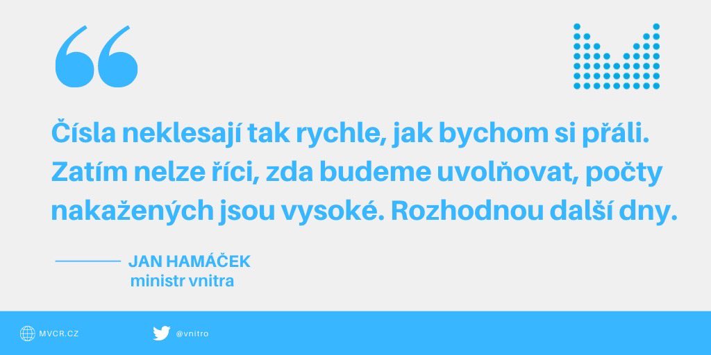Ústřední krizový štáb dnes opět hodnotil aktuální situaci pandemie covid-19.
Dle předsedy #ÚKŠ @jhamacek zatím nelze 100% říct, zda se situace jednoznačně zlepšuje❗ O případném uvolnění rozhodne vývoj v dalších dnech.
Více zde ➡️ https://t.co/oDYhpMU20g https://t.co/3oRHgyc5Ti