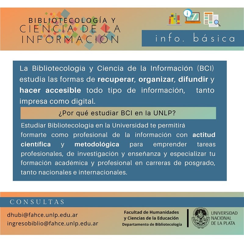 unlpBCI's tweet photo. ¿Qué es la Bibliotecología y Ciencia de la Información? ¿Por qué estudiar #BCI en la UNLP @unlp?
👩‍💻📂📚📑🔍

📝La inscripción estará abierta hasta el 18 de diciembre. ¡Sumate a Biblio!
@fahce #bibliotecas #bibliotecología #informacion #cienciadelainformacion #fahce #unlp https://t.co/l1xZr79bt7