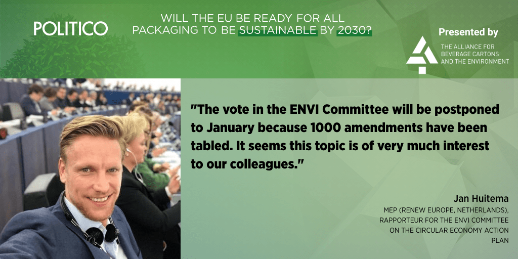 LivePOLITICO's tweet photo. The rapporteur on the #circulareconomy action plan @jhuitema shared news about the incoming vote in the ENVI Committee @Europarl_EN. | Watch live now below or on https://t.co/pimJNzHUfR |#PackagingEU https://t.co/0R9UaFA4xf