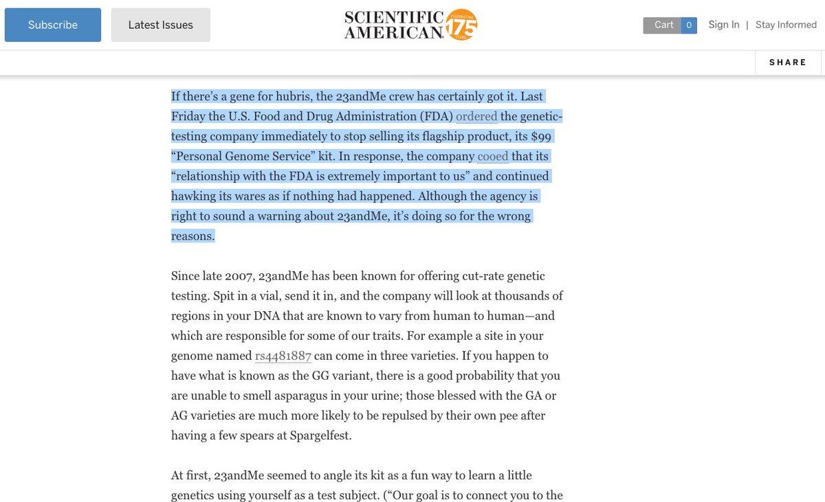 4/10 ScientificAm: In 2013 FDA, "ordered (23andme) the genetic-testing company immediately to stop selling its flagship product, its $99 “Personal Genome Service” kit. Serving as "Front end for a massive info-gathering" op https://www.scientificamerican.com/article/23andme-is-terrifying-but-not-for-the-reasons-the-fda-thinks/