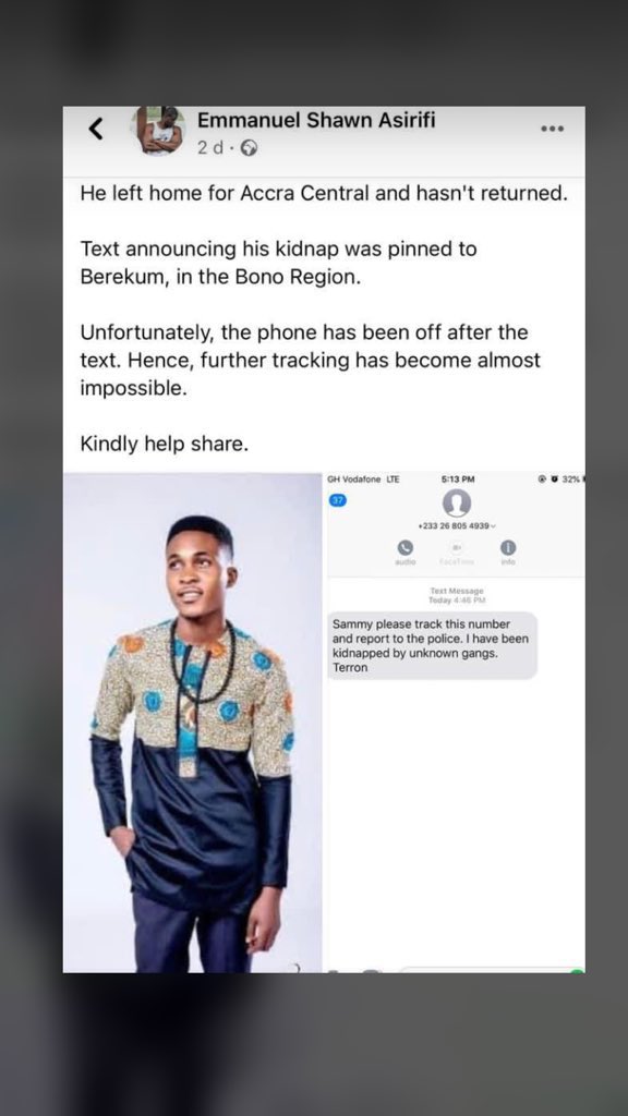 the_law_himself's tweet photo. ‼️MISSING PERSON‼️
Terron Kwabena Amofa

A student of UPSA, lives in Accra, a place called Chabbar right after Mallam market before Dansoman junction.

He left home last Thursday to Accra central and still hasn’t returned... 
Last traced message from him inscribed...”
(1/2) https://t.co/RiMCmA7vW1