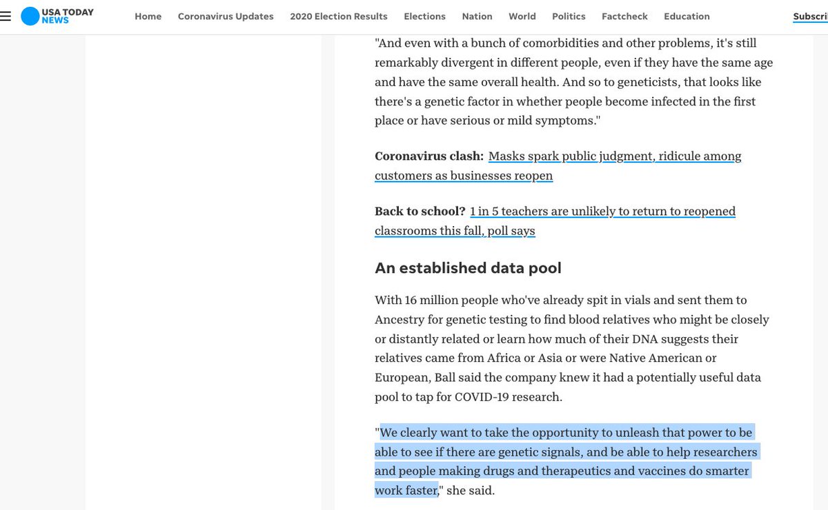 10/10All this is the tip of the iceberg. There's def something extremely sketchy. Sure there's a fight over making $ off getting rid of people, as big pharma have been doing for years. But it may go further..More on this in another thread.. https://eu.usatoday.com/story/news/health/2020/05/26/genes-dna-ancestry-23-andme-coronavirus-covid-19/5259982002/