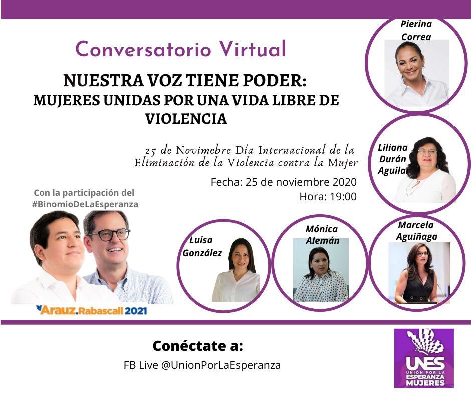 UNESECUADOR's tweet photo. En el Día Internacional de la Eliminación 🚫de la Violencia contra la Mujer👩🏽👩🏼👩🏿@pierinaescorrea @LilianaDuranA @marcelaguinaga @LuisaGonzalezEc y @MonicaAlemanM realizarán el conversatorio: Mujeres unidas por una vida libre de violencia. 
Estará invitado #ElBinomioDeLaEsperanza https://t.co/i1VJ5h4gBB
