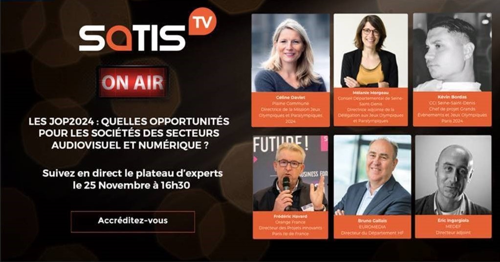 #SATISTV Conférence à 16h30 "<a href="/Paris2024/">Paris 2024</a>  : quelles opportunités pour les sociétés des secteurs audiovisuel et numérique ?" <a href="/bgallais/">Bruno Gallais</a>, notre directeur du département #HF sera avec <a href="/PlaineCommune/">Plaine Commune</a>, <a href="/CCI_93/">CCISeine-Saint-Denis</a>, <a href="/orange/">Orange</a>, <a href="/medef/">Mouvement des Entreprises de France</a> et <a href="/seinesaintdenis/">Département de Seine-Saint-Denis</a>. Accréditation satis-expo.com/accreditation/
